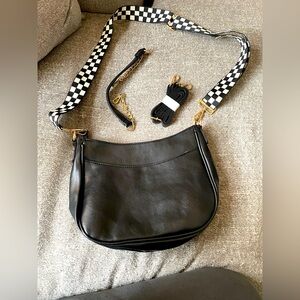 Modern + Chic Black Marissa Saddle Crossbody with Checkered Strap